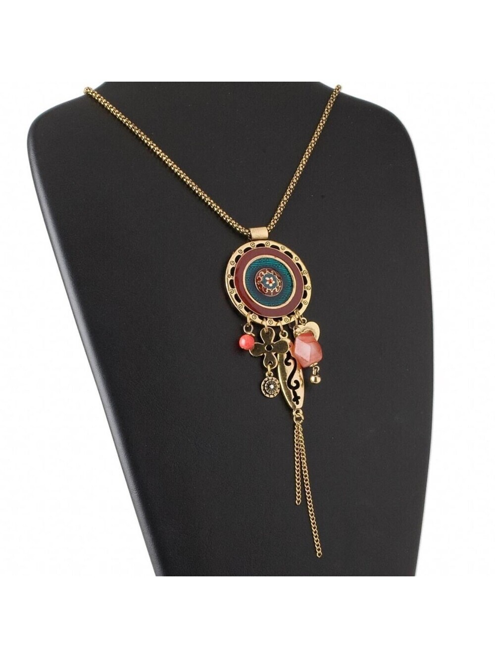 Antiqued Gold Enameled Pewter Large Pendant and Baubles Statement Y Necklace